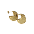 A pair of gold geometric hoop earrings with concentric curved lines and small square details, shown on a plain white background.