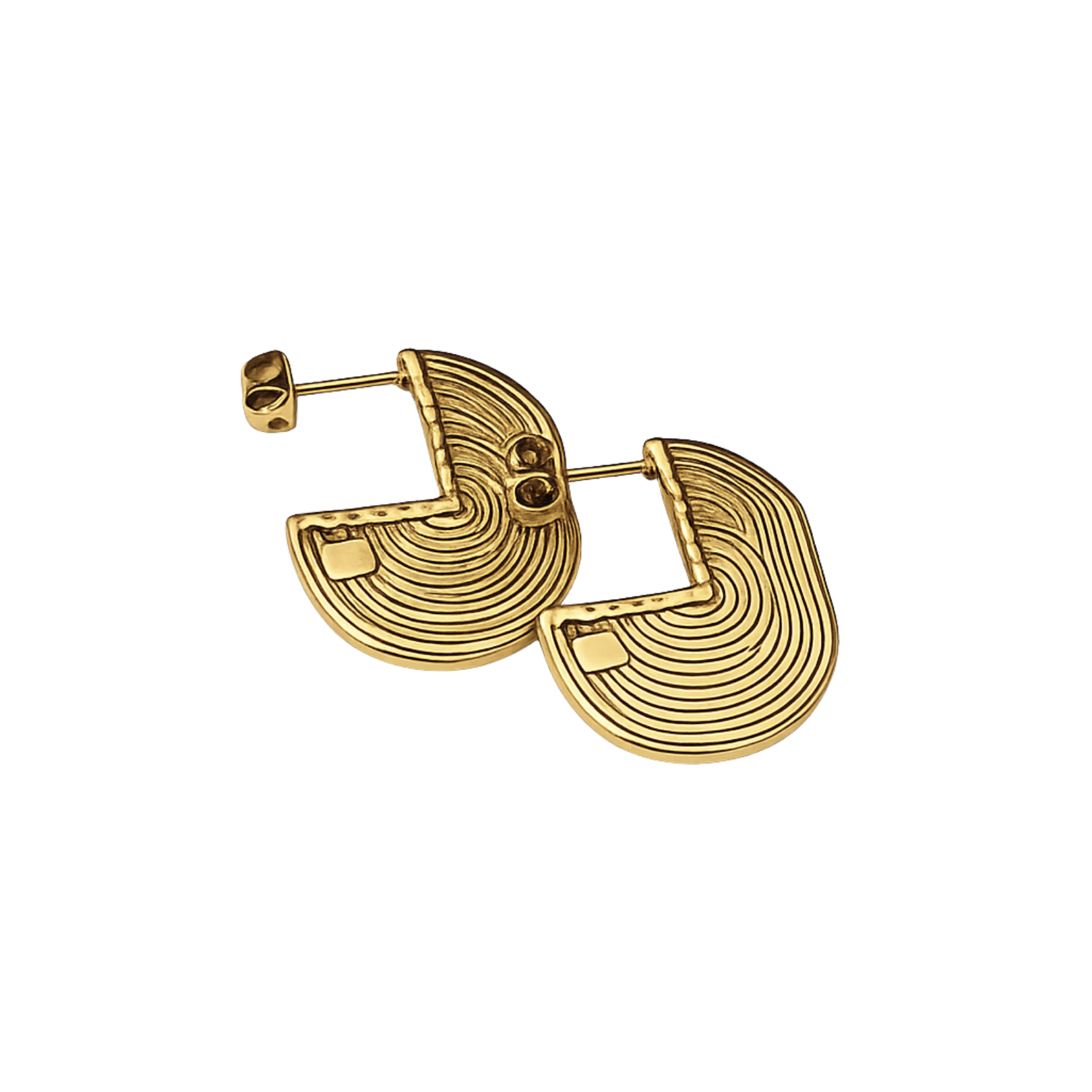 A pair of gold geometric hoop earrings with concentric curved lines and small square details, shown on a plain white background.