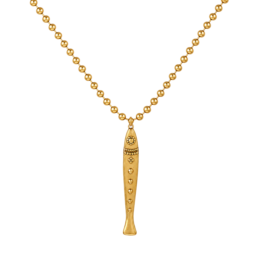 A gold beaded necklace featuring a stylized sardine pendant adorned with small clear stones, shown against a plain white background.