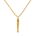 A gold beaded necklace featuring a stylized sardine pendant adorned with small clear stones, shown against a plain white background.