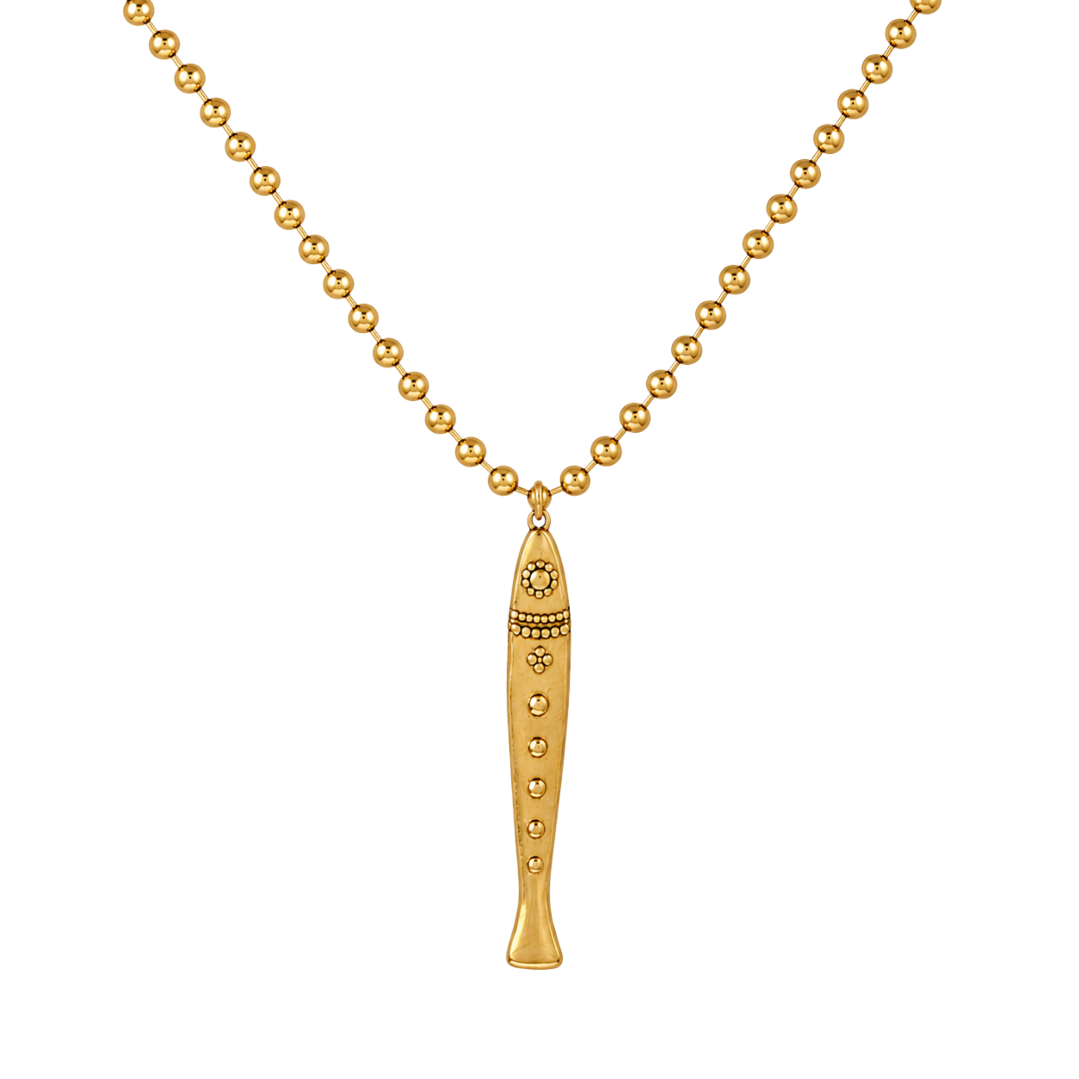 A gold beaded necklace featuring a stylized sardine pendant adorned with small clear stones, shown against a plain white background.