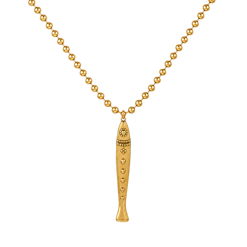 A gold beaded necklace featuring a stylized sardine pendant adorned with small clear stones, shown against a plain white background.