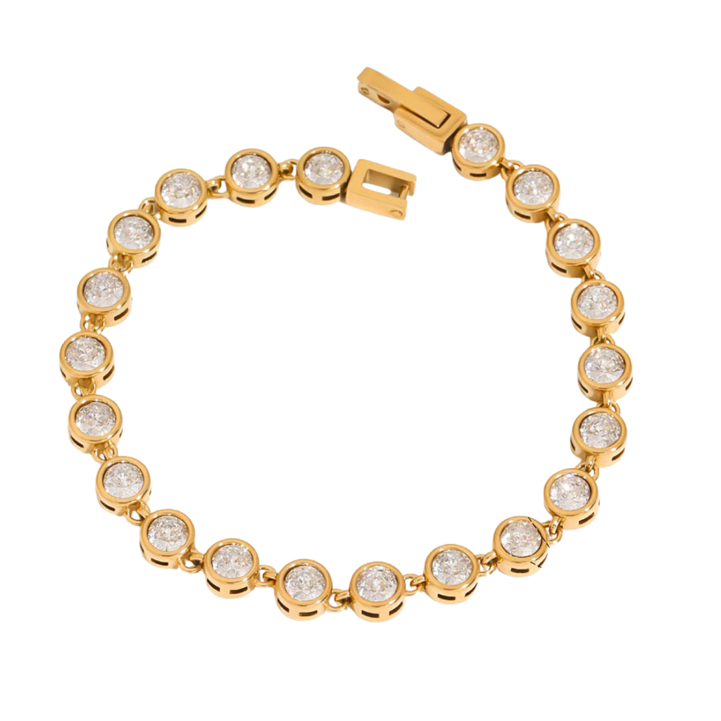 A yellow gold tennis bracelet featuring round-cut clear zircon in bezel settings, arranged in a circular shape on a plain white background.