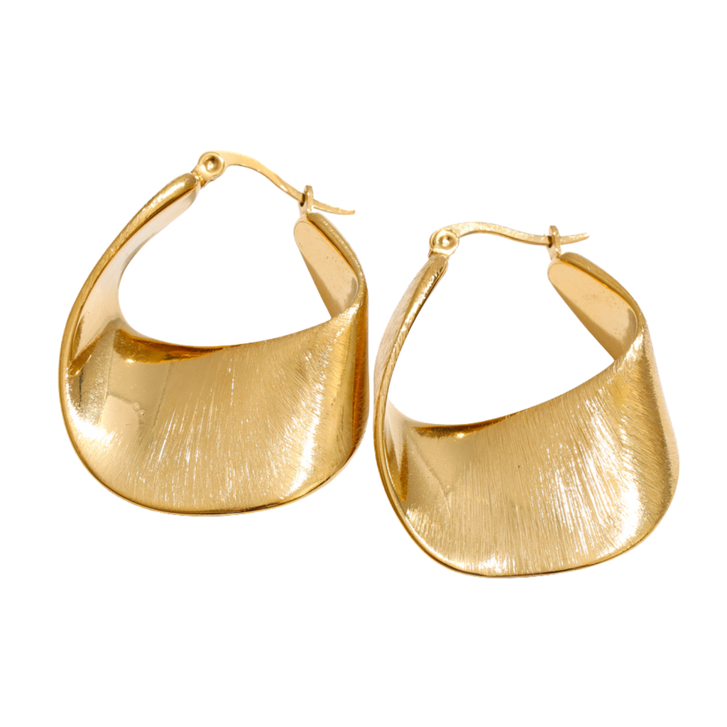 A pair of gold Wavy Hoop Earrings with a brushed metallic texture, displayed on a clean white background.