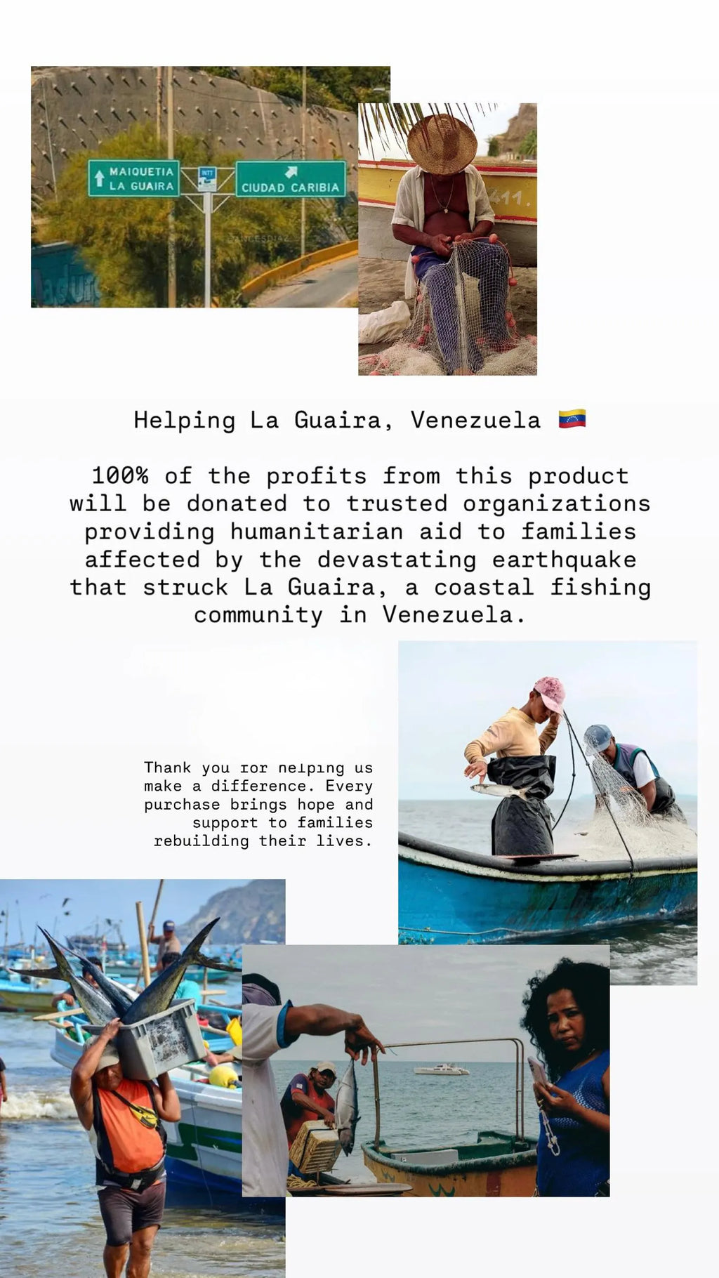 Helping La Guaira, Venezuela

100% of the profits from this necklace will be donated to trusted organizations providing humanitarian aid to families affected by the devastating earthquake that struck La Guaira, a coastal fishing community in Venezuela.