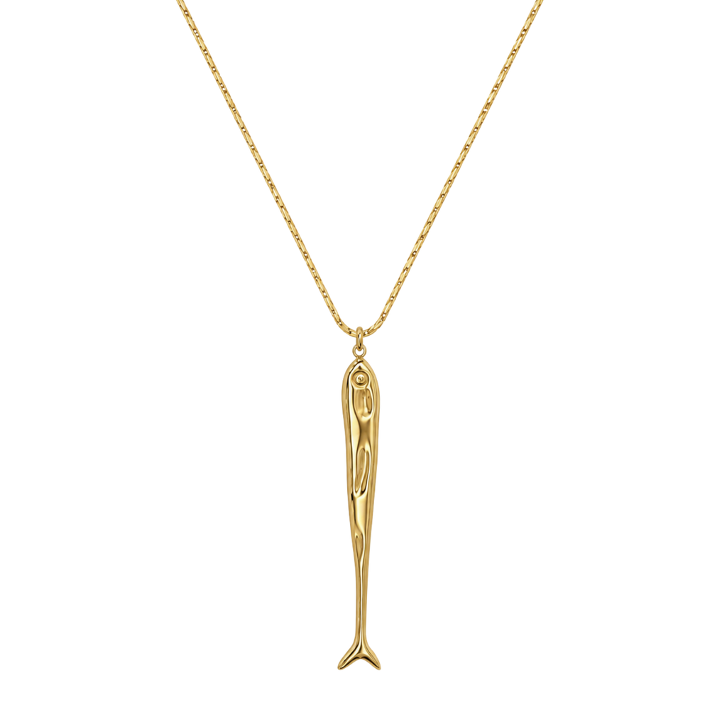 A gold sardine pendant necklace on a delicate gold chain, shown against a plain white background.