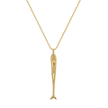 A gold sardine pendant necklace on a delicate gold chain, shown against a plain white background.