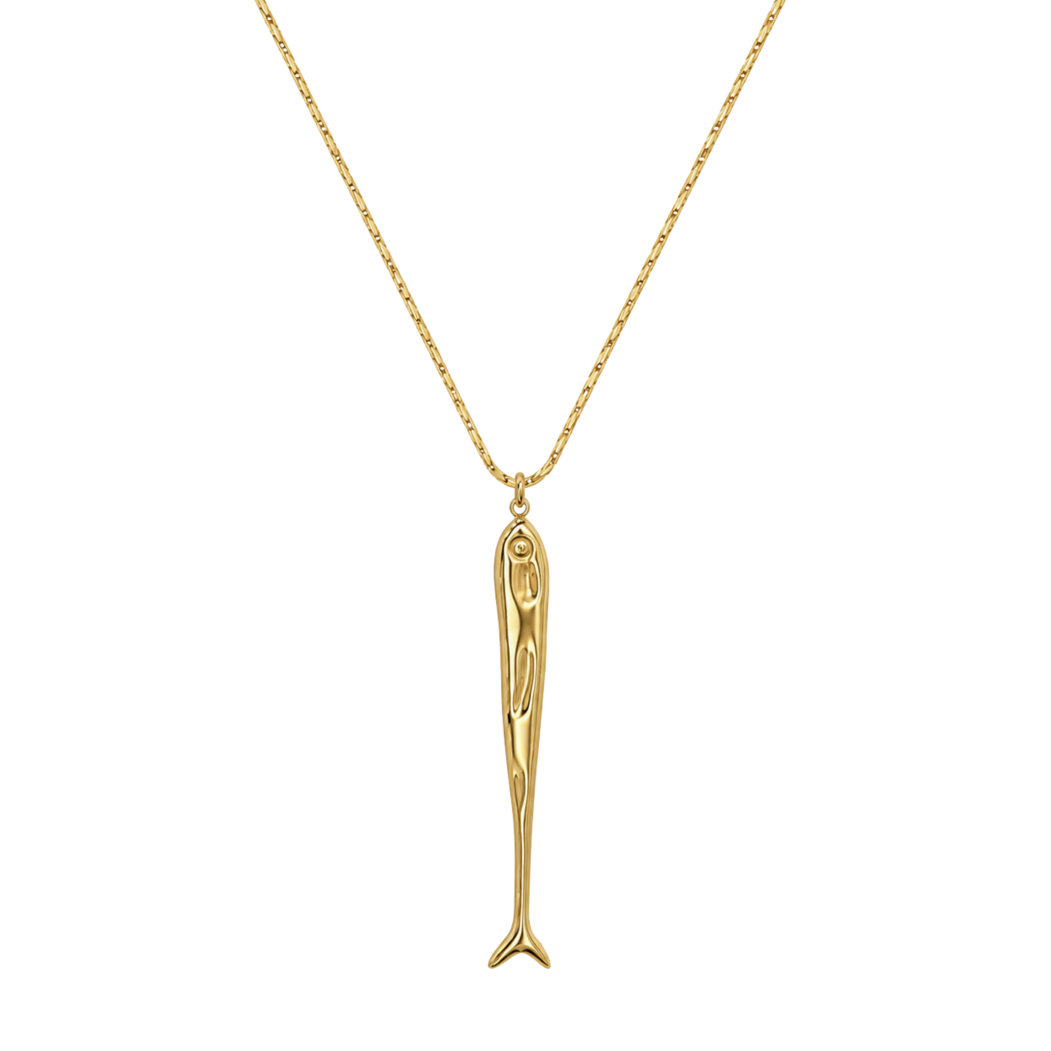 A gold sardine pendant necklace on a delicate gold chain, shown against a plain white background.