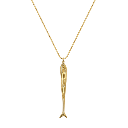 A gold sardine pendant necklace on a delicate gold chain, shown against a plain white background.