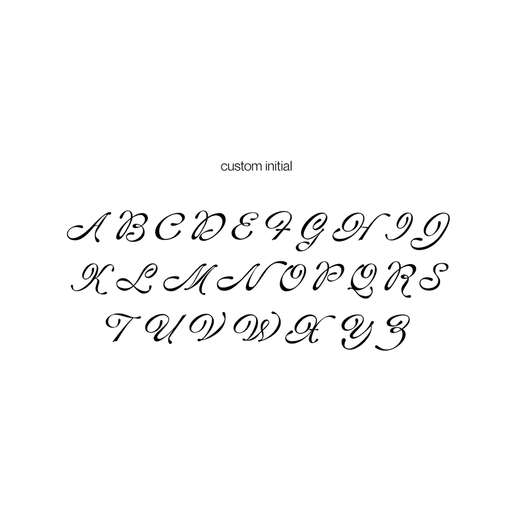 A font sample showing the word 'custom initial' above a full uppercase alphabet in a black cursive script on a plain white background.