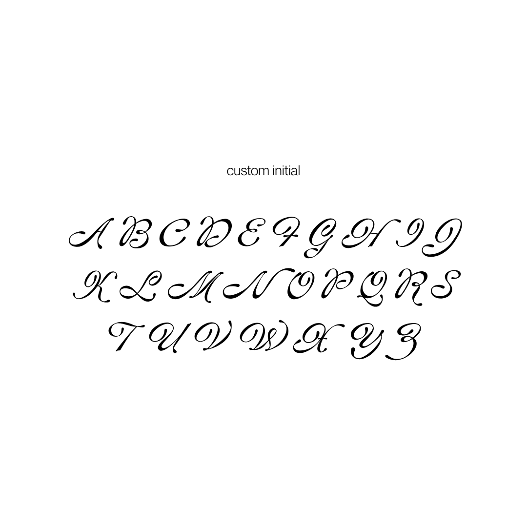 A font sample showing the word 'custom initial' above a full uppercase alphabet in a black cursive script on a plain white background.